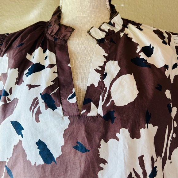 Entro XL Floral Puff Sleeve Blouse Brown Cream Ruffle Neck Boho Boutique Top - Picture 3 of 7